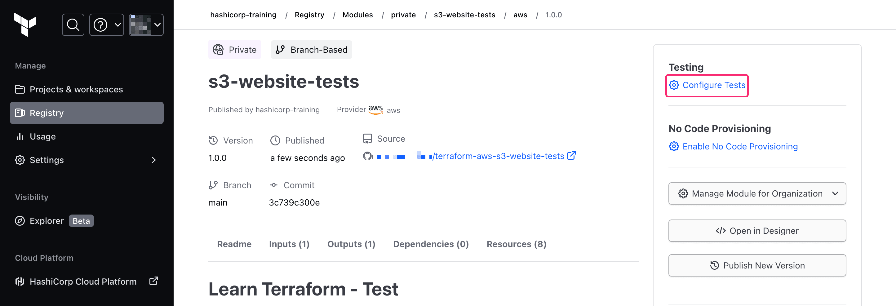 The module overview screen. A rectangle highlights the "Configure Tests" link on the right-hand side of the screen