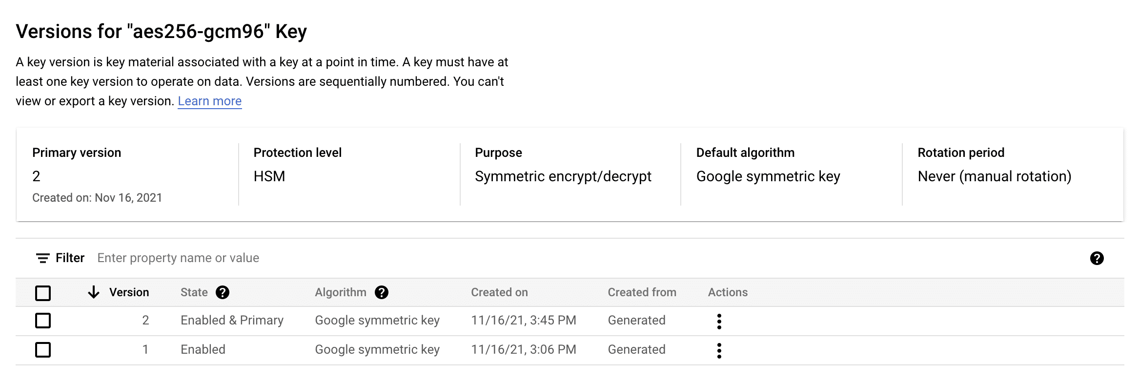 Screenshot showing key versions in Google Cloud Console