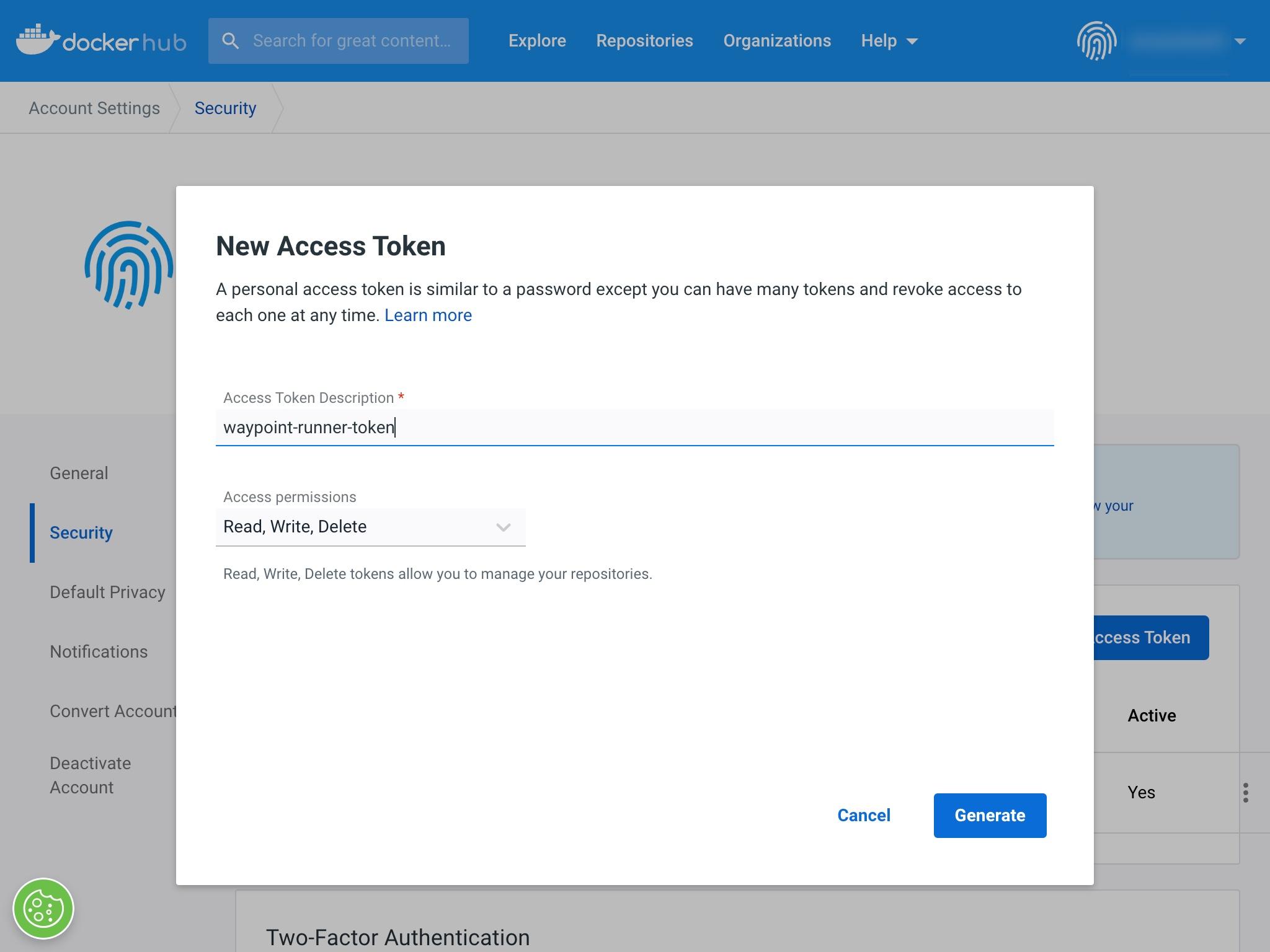 Create an access token on DockerHub